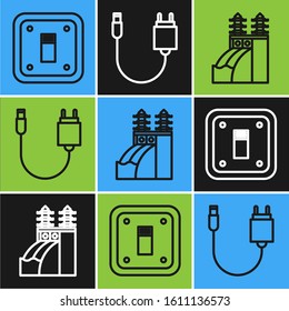 Set line Electric light switch, Nuclear power plant and Charger icon. Vector
