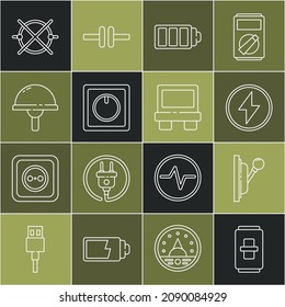 Set line Electric light switch, Electrical panel, Lightning bolt, Battery charge level indicator, emitting diode, circuit scheme and Fuse icon. Vector