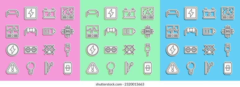 Set line Electric light switch, USB cable cord, Processor with microcircuits CPU, Car battery, Resistor electricity, Electrical measuring instruments,  and Battery charge level indicator icon. Vector