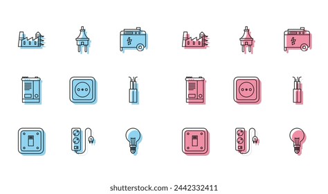 Set line Electric light switch, extension cord, Power station plant and factory, Light bulb with concept of idea, Electrical outlet, cable, Car battery and plug icon. Vector