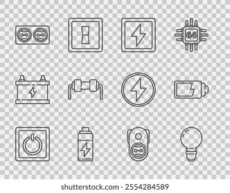 Set line Electric light switch, Light bulb with concept of idea, Lightning bolt, Battery, Electrical outlet, Resistor electricity,  and charge level indicator icon. Vector
