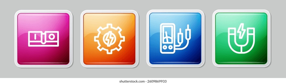 Set line Electric light switch, Gear and lightning, Ampere meter, multimeter and Magnet. Colorful square button. Vector
