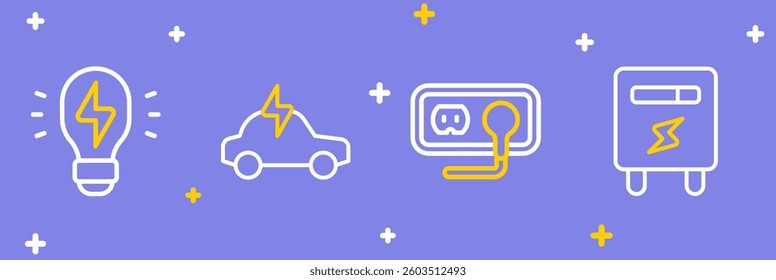 Set line Electric meter, Electrical outlet, car and Creative lamp light idea icon. Vector