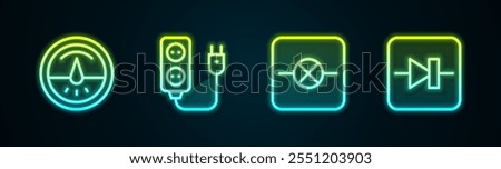 Set line Electric meter, extension, Lamp in electronic circuit and Diode. Glowing neon icon. Vector