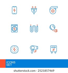 Set line Electric meter, Hair dryer, Lightning bolt, Global energy planet with plug, Washer, cable, Roll adhesive tape and  icon. Vector