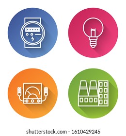 Set line Electric meter, Light bulb, Ampere meter, multimeter, voltmeter and Power station plant and factory. Color circle button. Vector