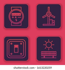 Set line Electric meter, Electric light switch, Wind turbine and Solar energy panel and sun. Blue square button. Vector