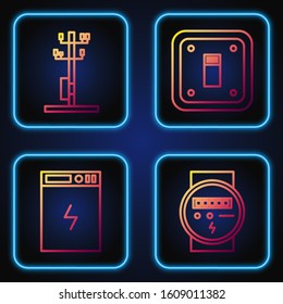 Set line Electric meter, Power bank, High voltage power pole line and Electric light switch. Gradient color icons. Vector