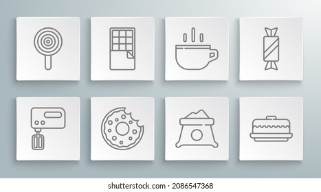 Set line Electric mixer, Chocolate bar, Donut, Bag of flour, Cake, Coffee cup, Candy and Lollipop icon. Vector