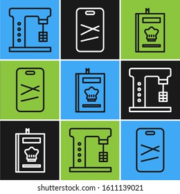 Set line Electric mixer, Cookbook and Cutting board icon. Vector