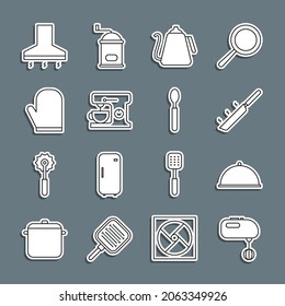 Set line Electric mixer, Covered with tray, Frying pan, Kettle handle, Oven glove, Kitchen extractor fan and Spoon icon. Vector