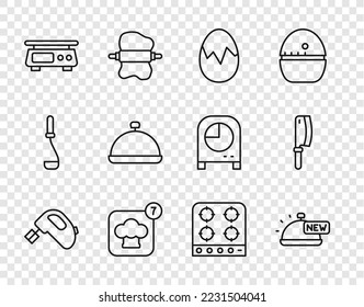 Set line Electric mixer, Covered with tray of food, Broken egg, Chef hat, Electronic scales, Gas stove and Meat chopper icon. Vector