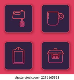 Set line Electric mixer, Cutting board, Coffee cup and Slow cooker. Blue square button. Vector