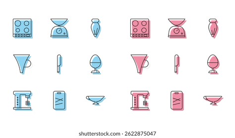 Set line Electric mixer, Cutting board, Gas stove, Sauce boat, Knife, Chicken egg on stand, Funnel or filter and Scales icon. Vector