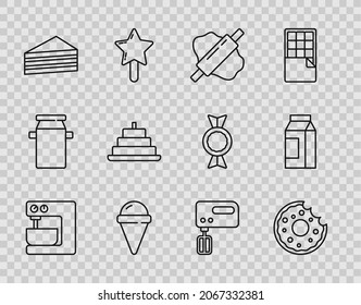 Set line Electric mixer, Donut, Rolling pin dough, Ice cream waffle cone, Cake, with burning candles,  and Paper package for milk icon. Vector