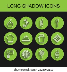Set line Electric mixer, Homemade pie, Cake, Lollipop, Bread loaf, with burning candles, Waffle and Can container for milk icon. Vector