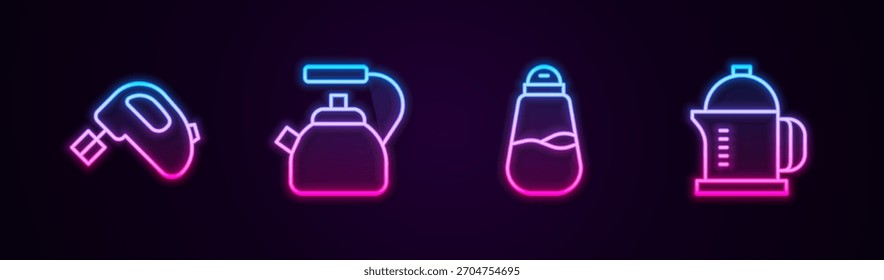 Set line Mezclador eléctrico, Hervidor de agua con mango, Sal y prensa francesa. Icono de neón brillante. Vector
