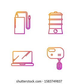 Set line Electric mixer , Laptop , Power bank with different charge cable  and Double boiler . Gradient color icons. Vector