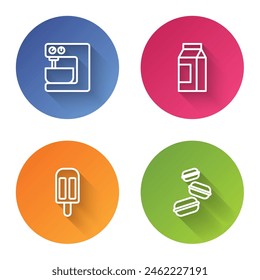 Set line Electric mixer, Paper package for milk, Ice cream and Macaron cookie. Color circle button. Vector