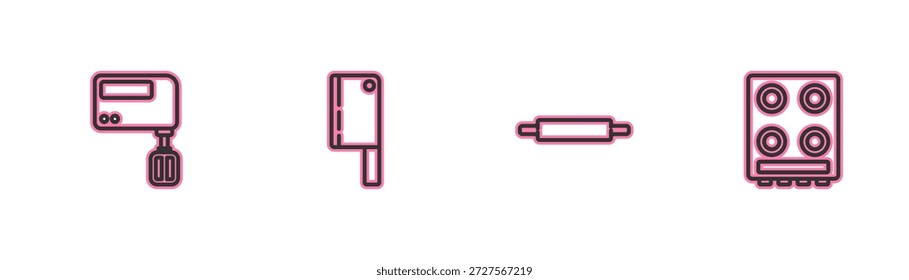 Set-Linie Elektrischer Mischer, Rollstift, Fleischhäcksler und Gasherd-Symbol. Vektorgrafik