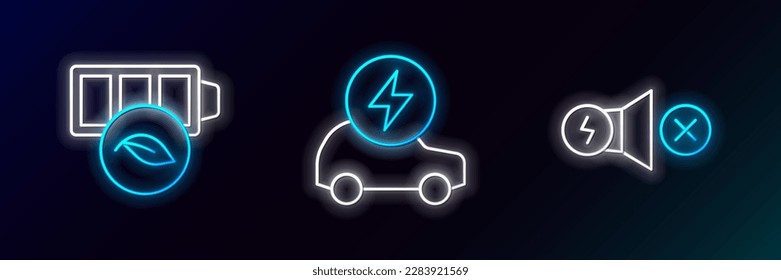 Set line Electric motor, Eco nature leaf battery and car icon. Glowing neon. Vector