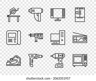 Set line Electric planer tool, Microwave oven, Smart Tv, drill machine, Table saw for woodwork, Rotary hammer, cordless screwdriver and Radio icon. Vector