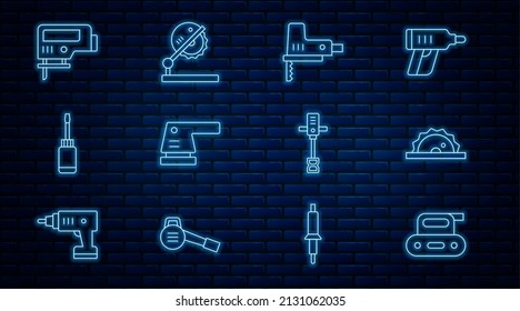 Set line Electric planer tool, circular saw, jigsaw, sander, Screwdriver, Electrical hand concrete mixer and Table for woodwork icon. Vector