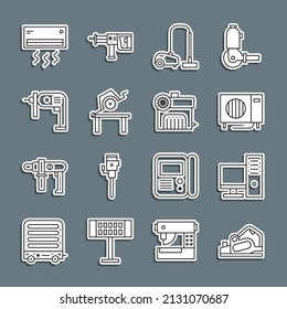 Set line Electric planer tool, Computer monitor, Air conditioner, Vacuum cleaner, Table saw for woodwork, drill machine, and compressor icon. Vector