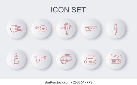 Set line Electric planer tool, Screwdriver, Angle grinder, cordless screwdriver and circular saw icon. Vector