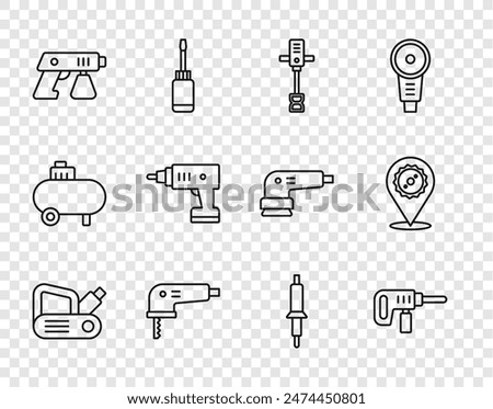 Set line Electric planer tool, drill machine, Electrical hand concrete mixer, jigsaw, Paint spray gun, cordless screwdriver, Soldering iron and Circular blade icon. Vector