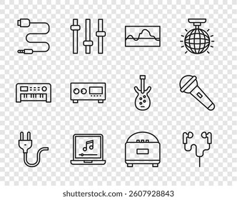 Set line Electric plug, Air headphones, Music wave equalizer, Laptop with music note, Audio jack, Guitar amplifier, Stereo speaker and Microphone icon. Vector