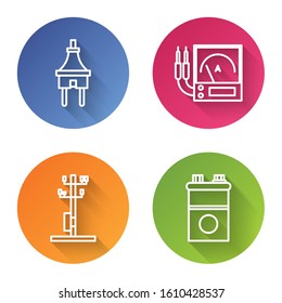 Set line Electric plug, Ampere meter, multimeter, voltmeter, High voltage power pole line and Car battery. Color circle button. Vector