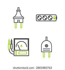 Set line Electric plug, Ampere meter, multimeter, voltmeter, extension cord and  icon. Vector