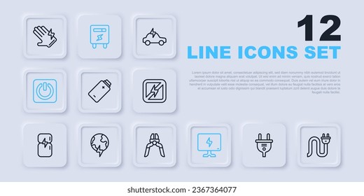 Set line Electric plug, Battery charge, Smart Tv, Power button, Global planet with thunderbolt, meter and Pliers tool icon. Vector