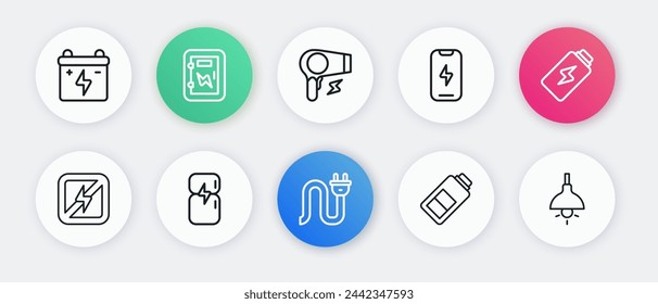 Set line Electric plug, Battery charge, No lightning, Mobile phone, Hair dryer, Lamp hanging and Refrigerator icon. Vector