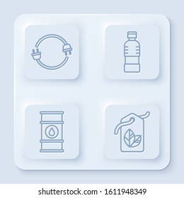 Set line Electric plug, Bottle of water, Oil barrel line and Tag with leaf symbol. White square button. Vector