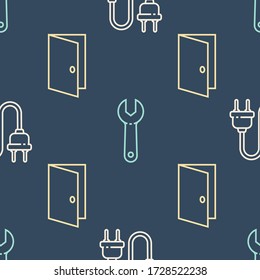 Ajuste el enchufe eléctrico, la puerta cerrada y la llave inglesa en un patrón ininterrumpido. Vector