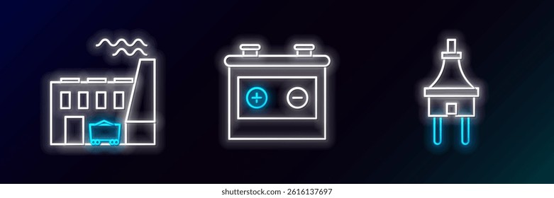 Set line Electric plug, Coal power plant and factory and Car battery icon. Glowing neon. Vector