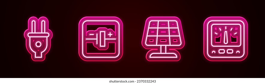 Set line Electric plug, DC voltage source, Solar energy panel and Ampere meter, multimeter. Glowing neon icon. Vector