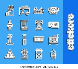 Set line Electric plug, Diesel power generator, Electrical outlet, Power station plant and factory, Car battery, Nuclear and High voltage pole line icon. Vector