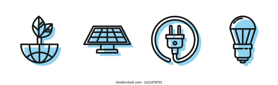 Set line Electric plug, Earth globe and leaf, Solar energy panel and LED light bulb icon. Vector