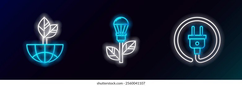 Set line Electric plug, Earth globe and leaf and Light bulb with icon. Glowing neon. Vector