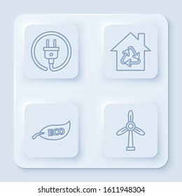 Set line Electric plug, Eco House with recycling symbol, Leaf Eco symbol and Wind turbine. White square button. Vector
