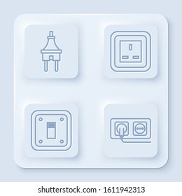 Set line Electric plug, Electrical outlet, Electric light switch and Electrical outlet. White square button. Vector