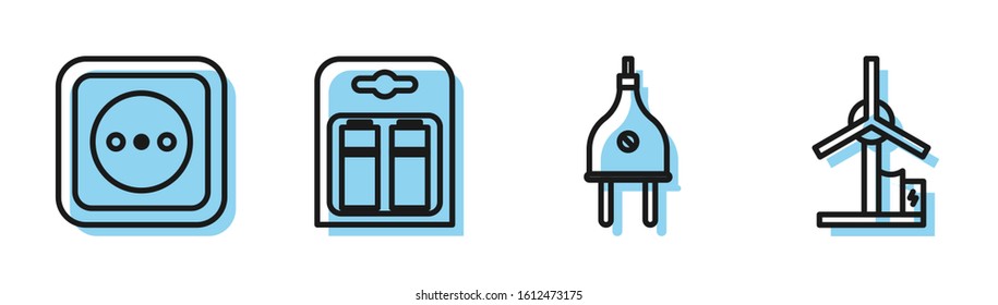Set line Electric plug, Electrical outlet, Battery in pack and Wind turbine icon. Vector