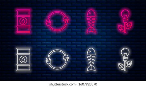 Set line Electric plug, Fish skeleton, Oil barrel line and Light bulb with leaf. Glowing neon icon on brick wall. Vector