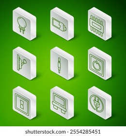 Set line Electric plug, Fuse, Light emitting diode, Audio jack, Electrical panel, Battery charge level indicator, light switch and  icon. Vector