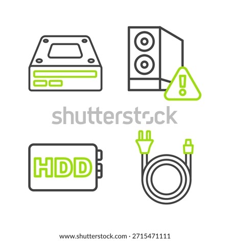 Set line Electric plug, Hard disk drive HDD, Case of computer and Optical disc icon. Vector