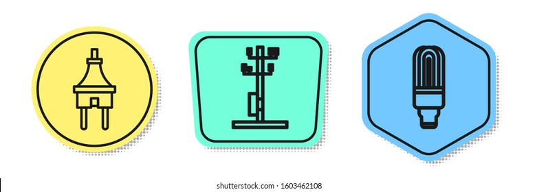 Set line Electric plug, High voltage power pole line and LED light bulb. Colored shapes. Vector