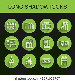 Set line Electric plug, High voltage power pole line, Power station plant and factory, Electrical outlet, Car battery, Battery pack,  and  icon. Vector